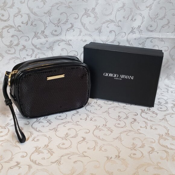 NWOT GIORGIO ARMANI Parfums Black sequins over patent leather zippered pouch - Picture 1 of 9
